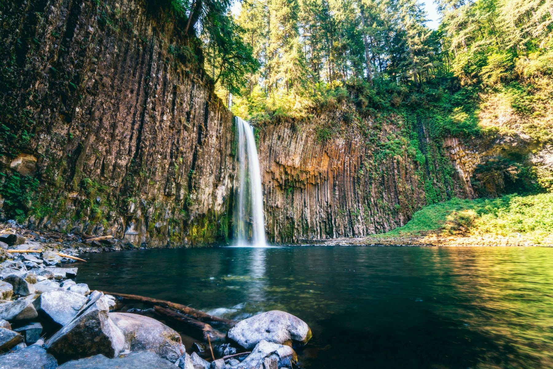 A waterfall cascades over columnar basalt formations surrounded by lush greenery, ending in a tranquil pool.